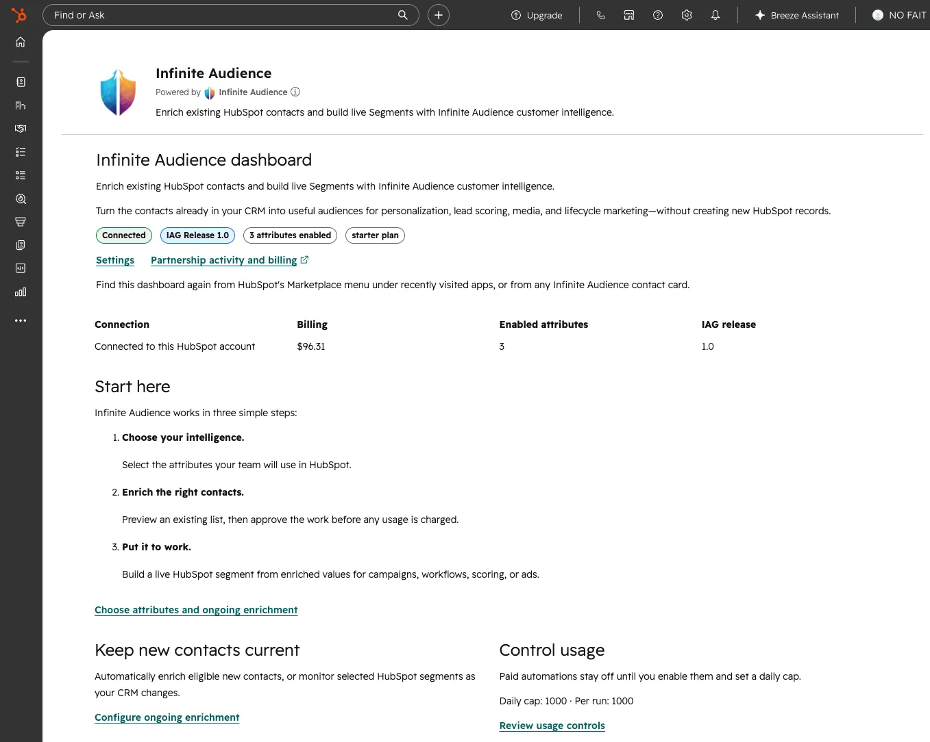 Infinite Audience dashboard inside HubSpot showing the connected release and enabled enrichment attributes