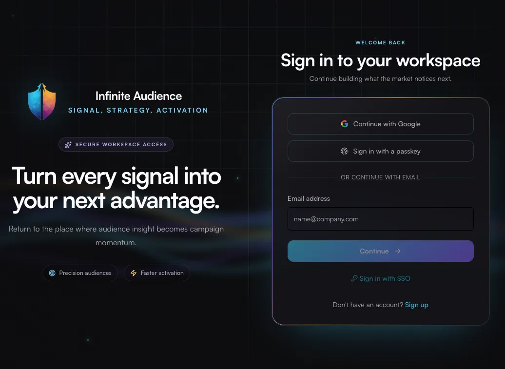 Infinite Audience sign-in screen with the Sign in with SSO option below the email field
